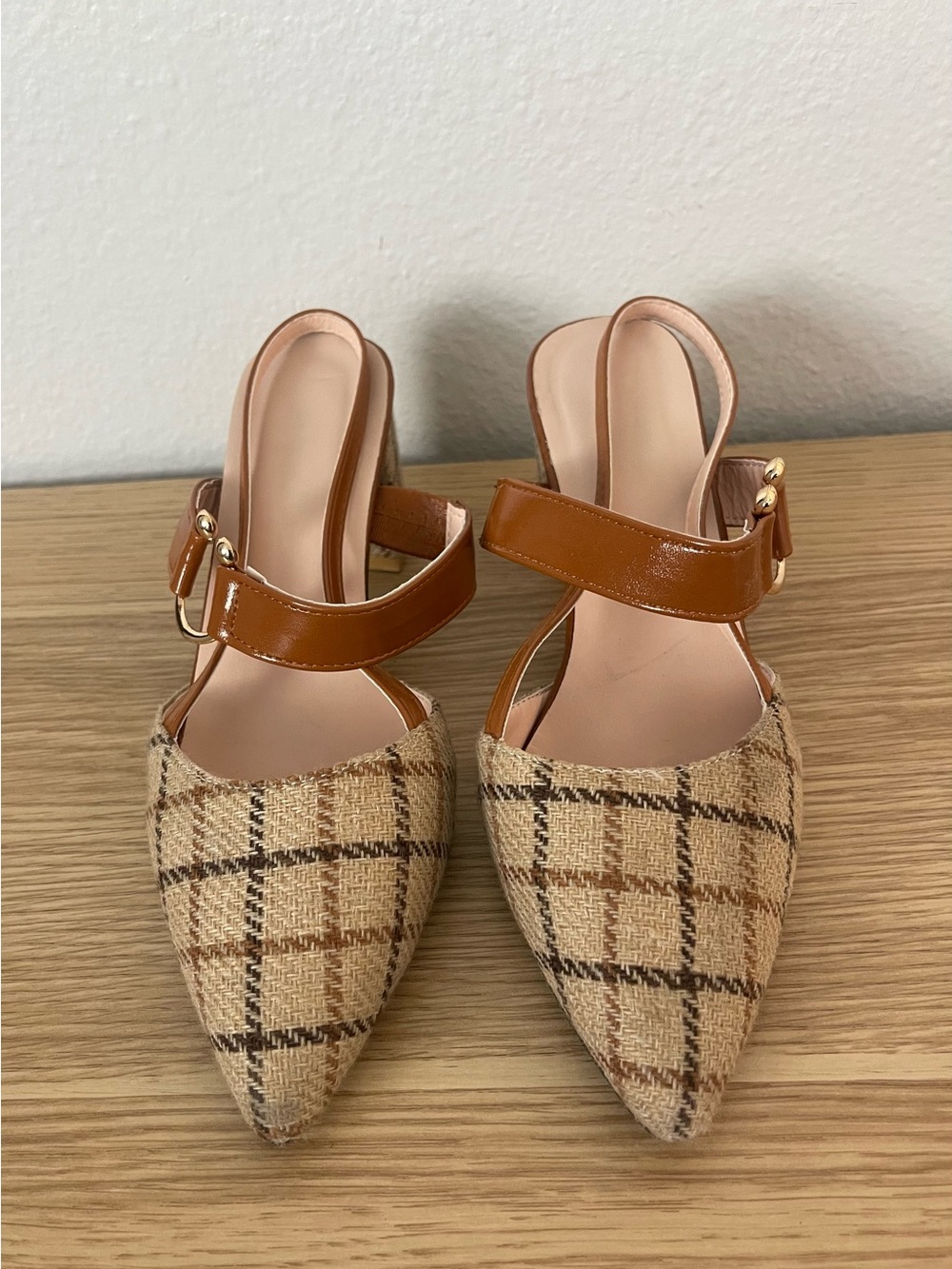 Plaid Pointed-Toe Slingback Mules in Tan - Picture 3 of 7